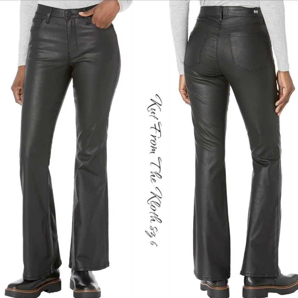 KUT from the Kloth Ana High Rise Fab Ab Coated Flare Pants Black 6 - Picture 4 of 12